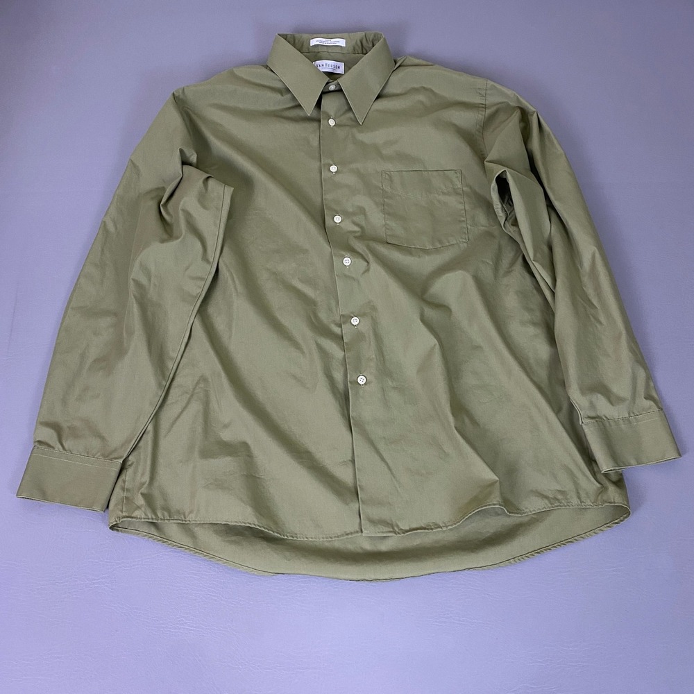 Van Heusen Dress Shirt Wrinkle Free 17.5 34/35‎ Olive Green Poplin Long Sleeve